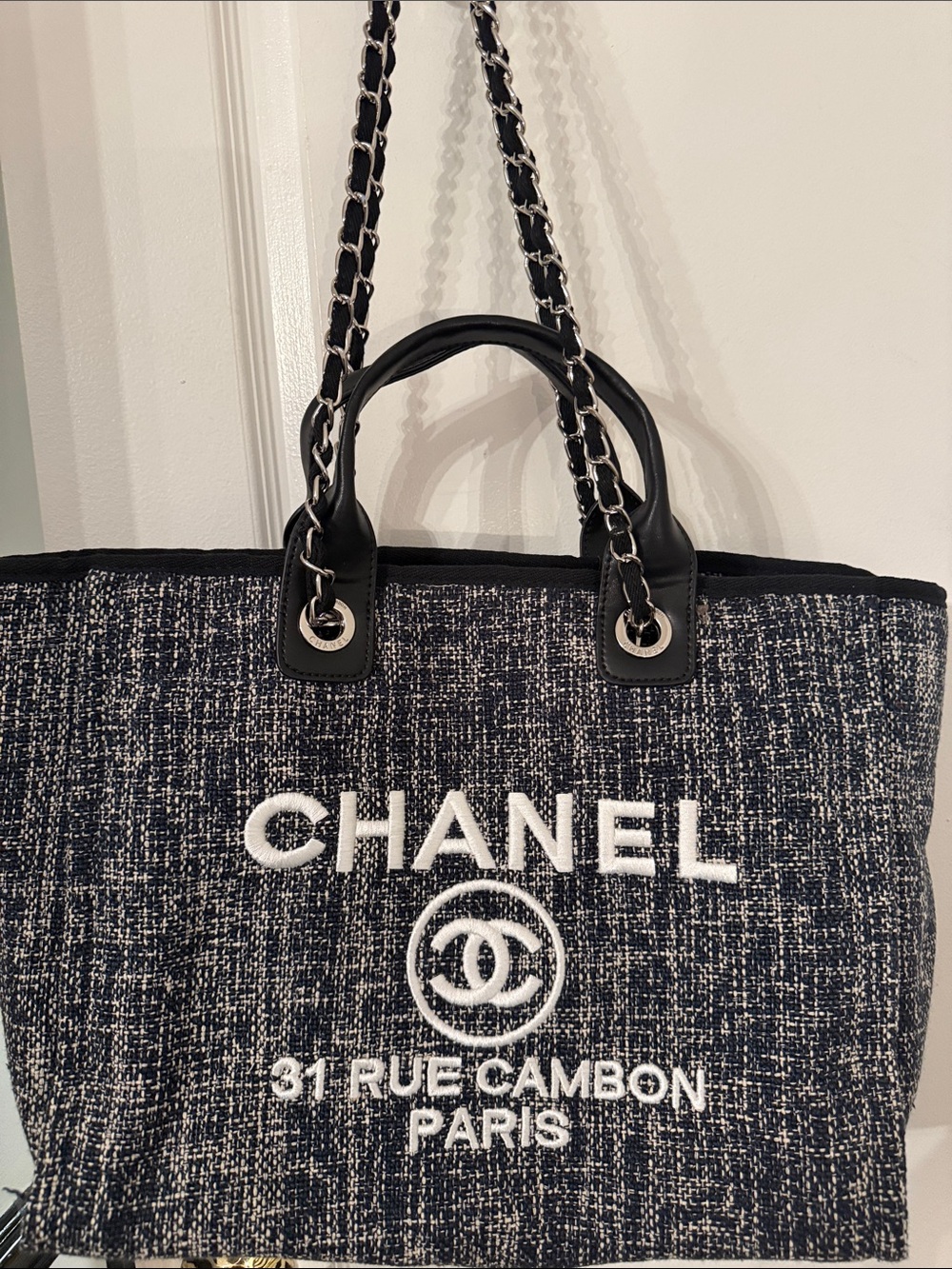 white and Black Tweed FAUX Logo Tote BNWT